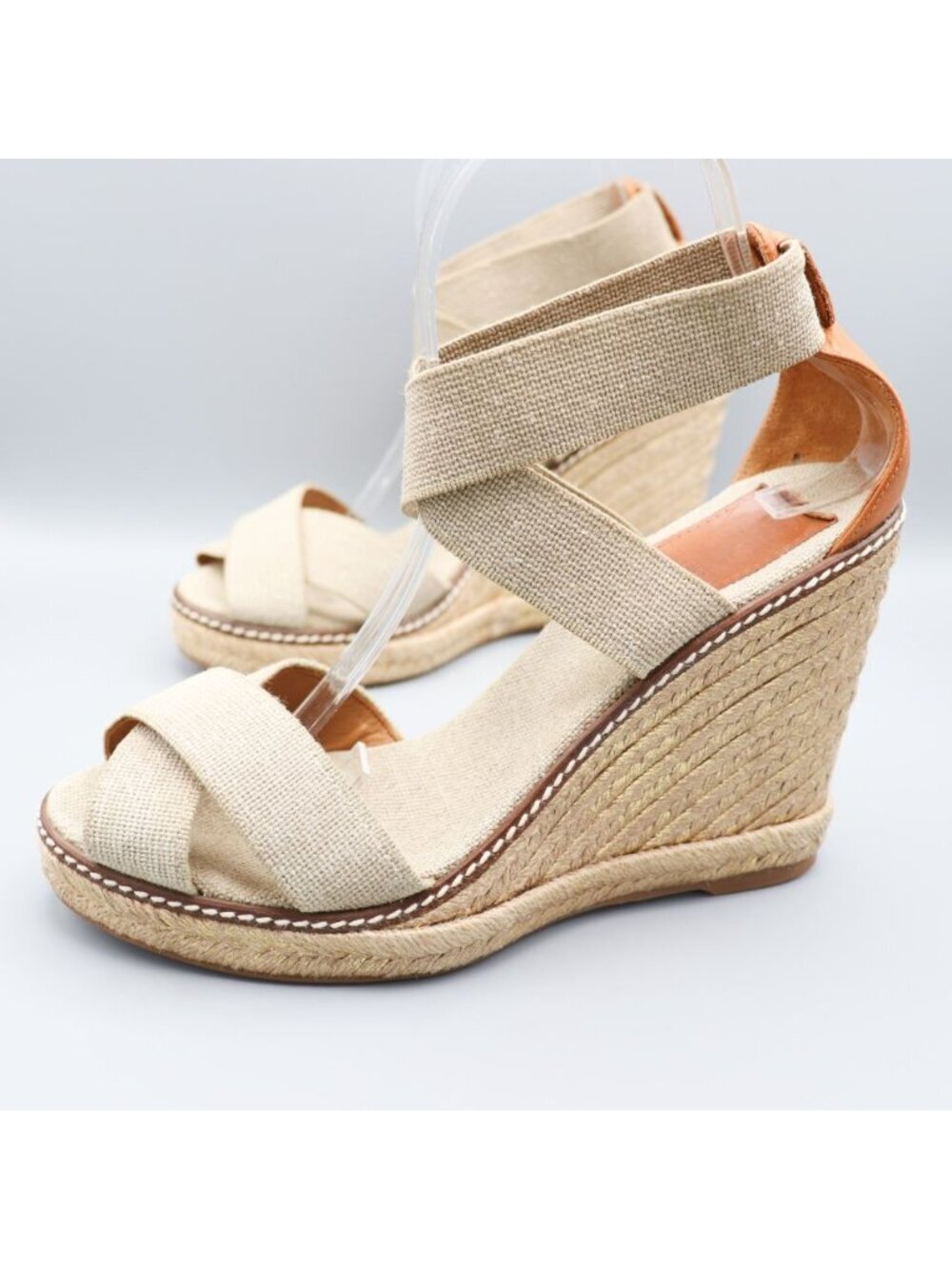 Tory Burch Frieda Platform Wedge Espadrille Sandals Beige Elastic Straps 9.5 B - Picture 9 of 16